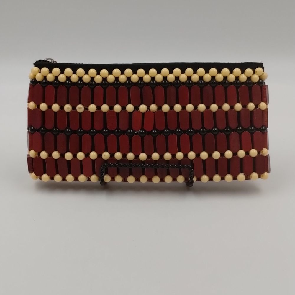 Wood Beaded Boho Clutch Purse Reddish Brown, Black, and Cream